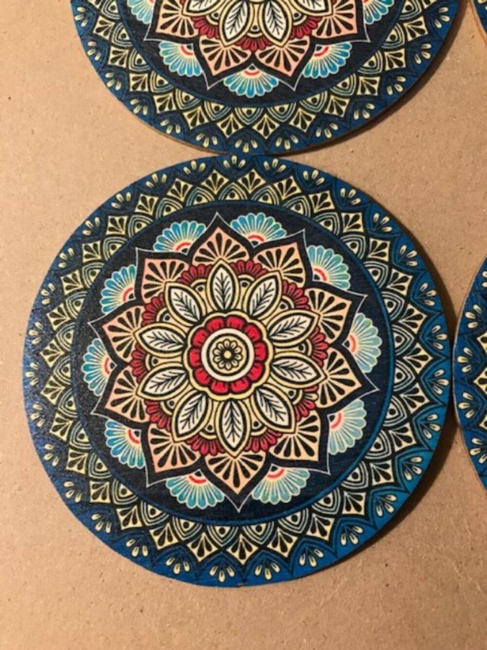 Wooden 4 pc Mandala Coaster Set Lotus Geometric Pattern India 108